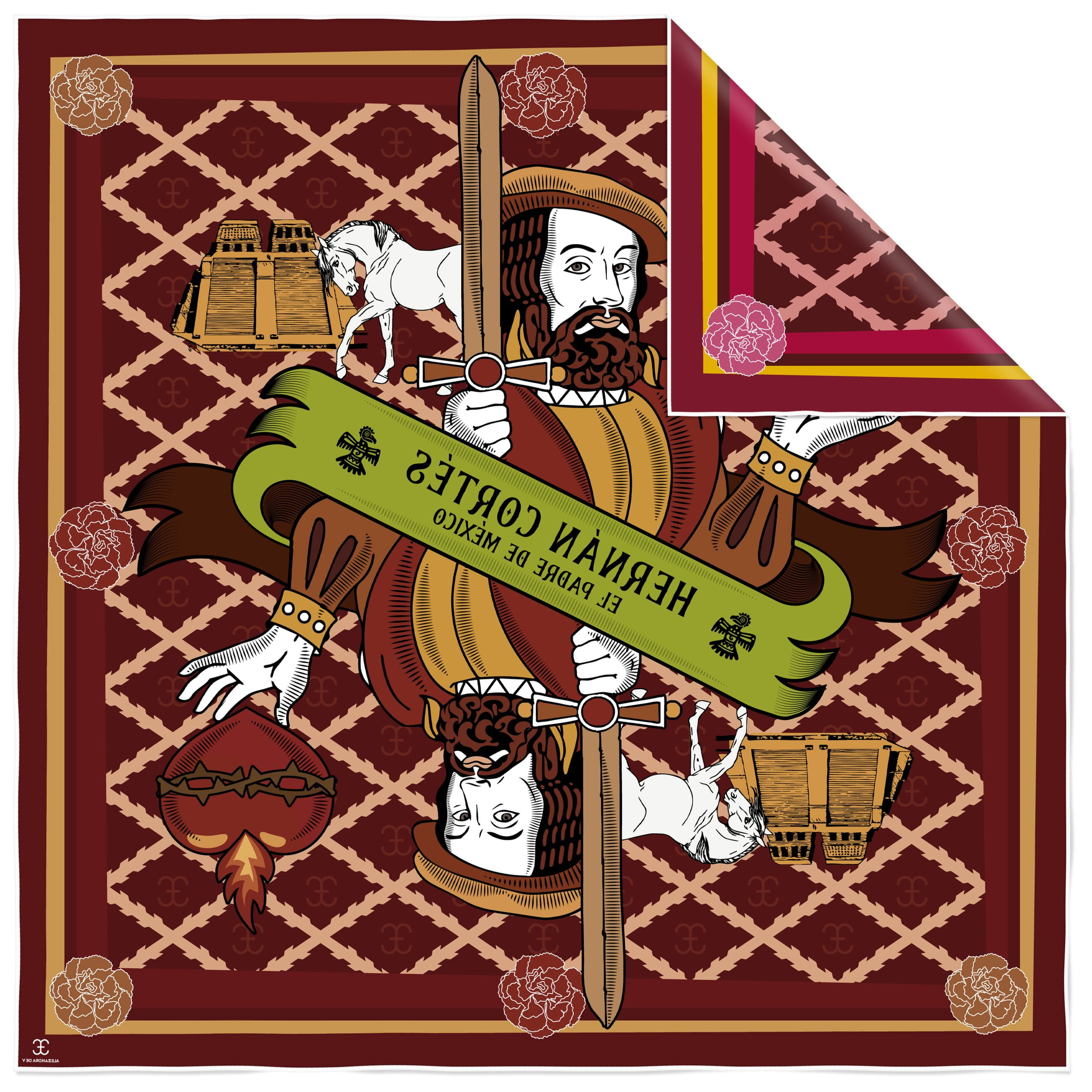 Silk scarf Double sided Hernan Cortes 140