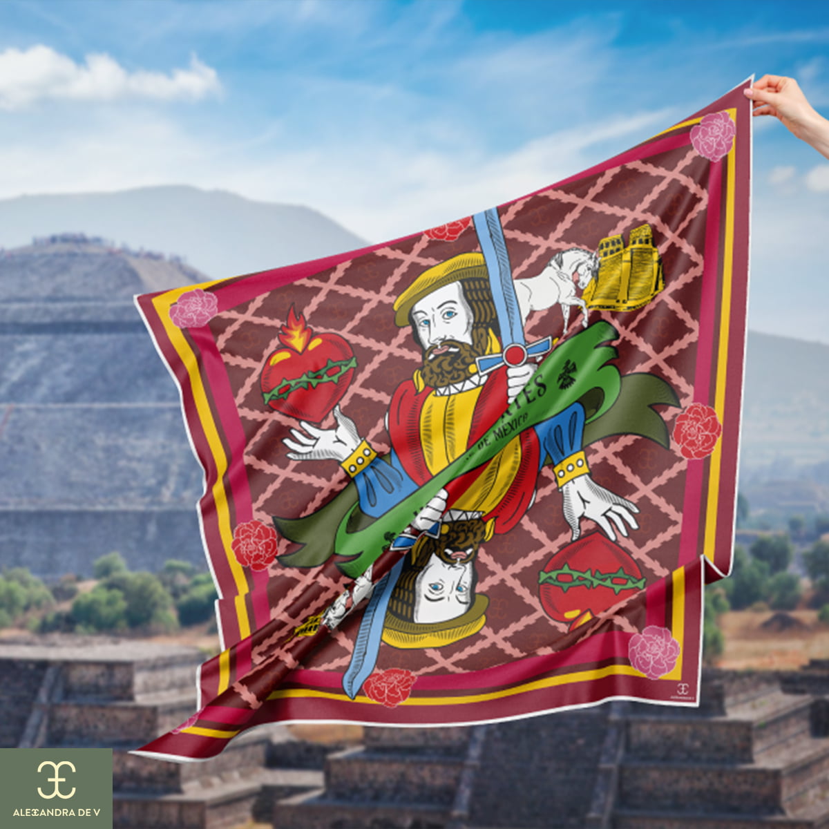 Silk scarf Double sided Hernan Cortes 140