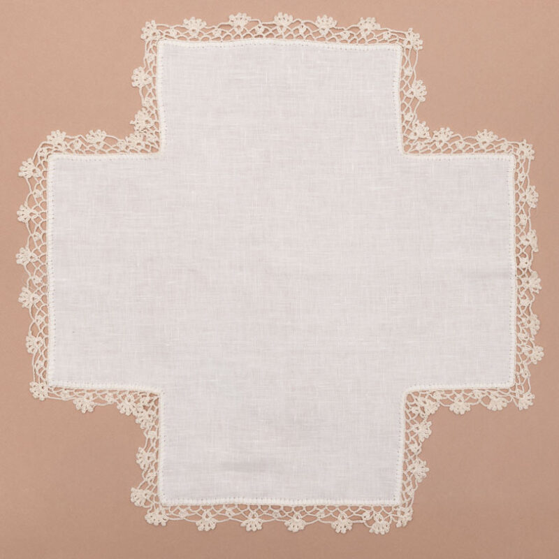 Mantel de pan tejido a mano en lino con borde de ganchillo – cruz, 45 cm x 45 cm, marfil
